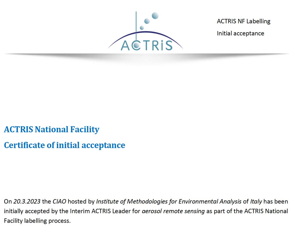 ACTRIS initial acceptance